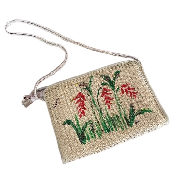 Vintage 70s double sided art straw handbag hand painted floral pastel - Picture 2 of 16